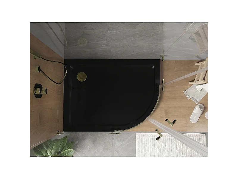 Mexen Flat brodzik półokrągły slim lewy 100 x 80 cm, czarny, syfon złoty - 41708010L-G