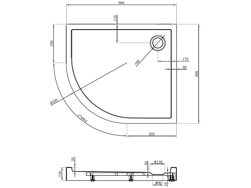 Mexen Flow+ semi-circular asymmetrical right shower tray 90 x 80 cm, white gloss - 46Q108090RH