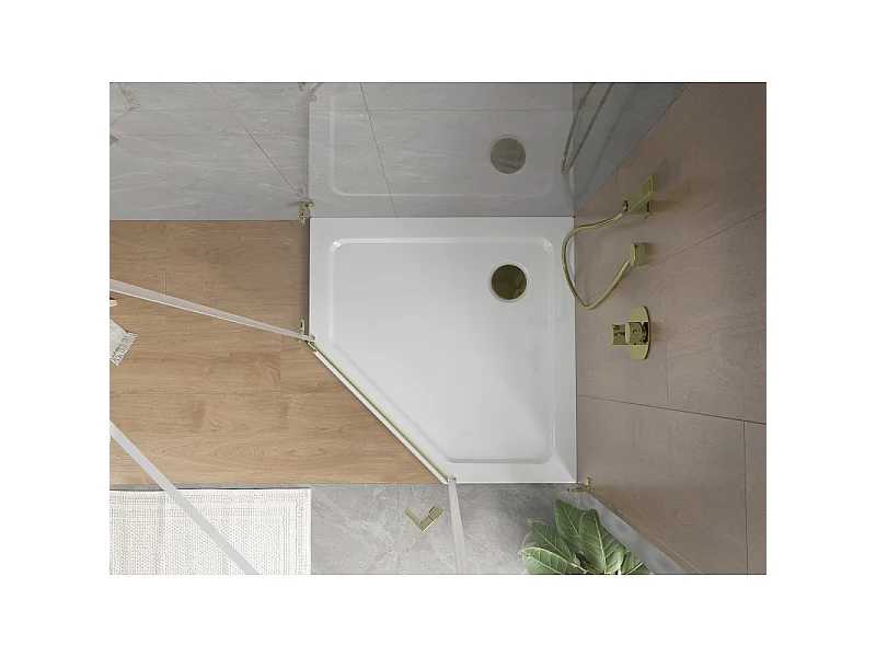 Mexen Flat receveur de douche pentagonal slim 90 x 90 cm, blanc, siphon doré - 41P109090-G