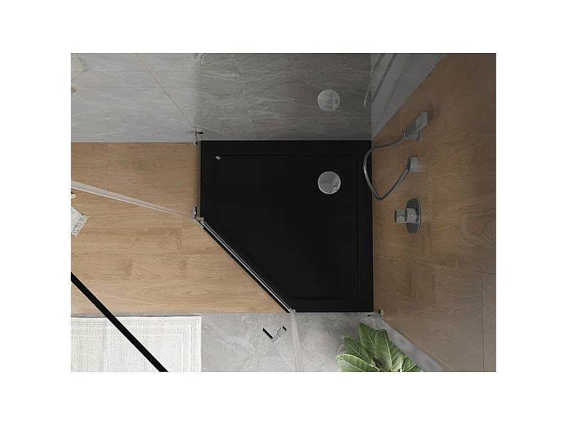 Mexen Flat Pentagonale Duschwanne Slim 80 x 80 cm, schwarz, Ablauf Chrom - 41P708080