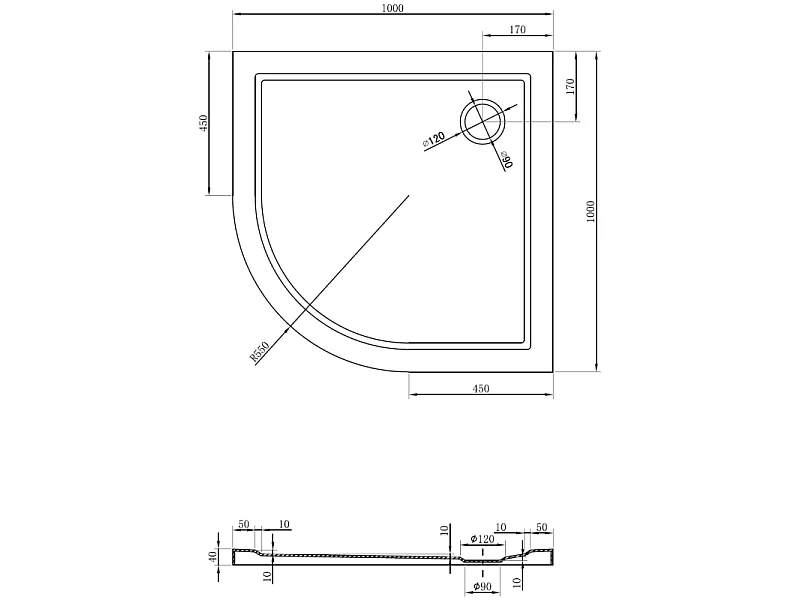 Mexen Flow halfcirkel douchebak slim 100 x 100 cm, zwart mat - 46Q701010