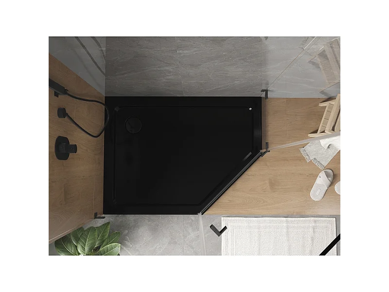 Mexen Flat Fünfeckige Duschwanne Slim Links 100 x 80 cm, schwarz, schwarzer Siphon - 41P708010L-B