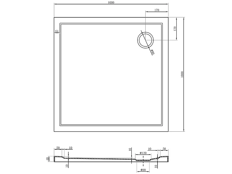 Mexen Flow Quadrat-Duschwanne Slim 100 x 100 cm, Schwarz matt - 46S701010