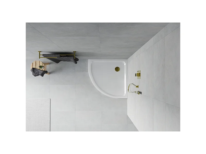 Mexen Flat Halbrunde Duschwanne Slim 90 x 90 cm, Weiß, Goldener Siphon - 41109090G