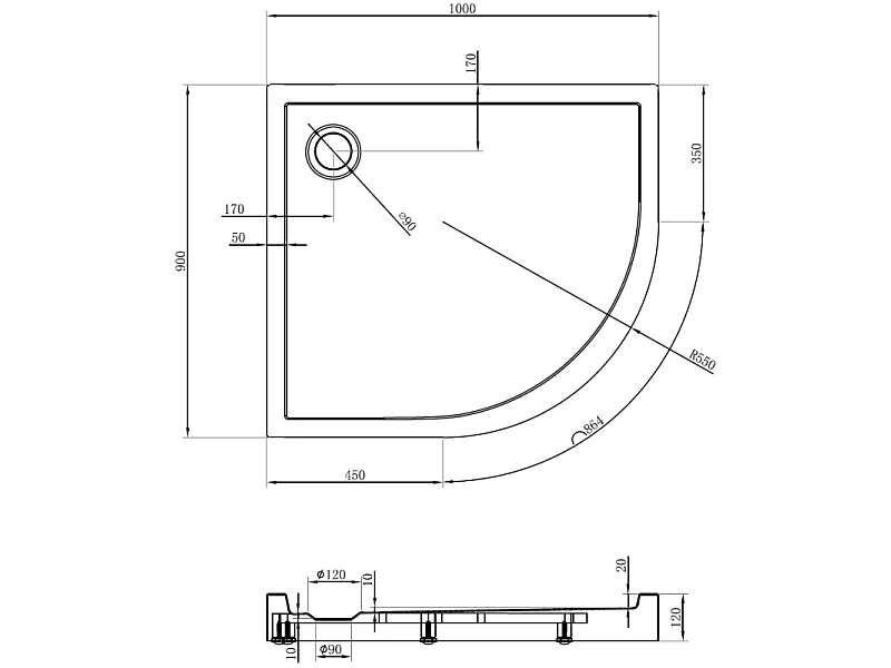 Mexen Flow+ asimetrična leva polkrožna kad 100 x 90 cm, bel sijaj - 46Q109010LH