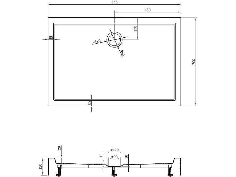 Mexen Flow+ rechthoekige douchebak 90 x 70 cm, wit glans - 46R107090H