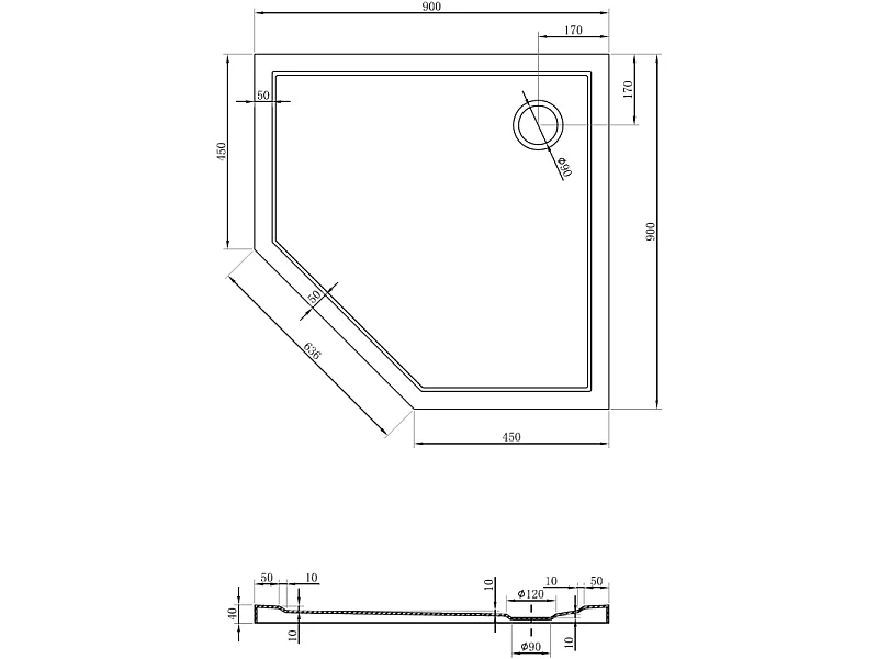 Mexen Flow brodzik pentagonal slim 90 x 90 cm, negro mate - 46P709090