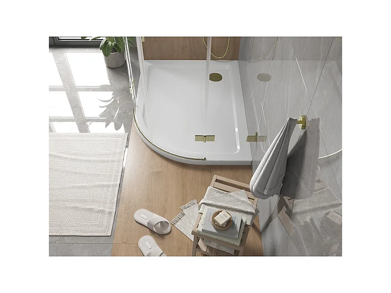 Mexen Flat Halbrunde Duschwanne Slim Links 100 x 90 cm, Weiß, Ablauf Gold - 41109010L-G