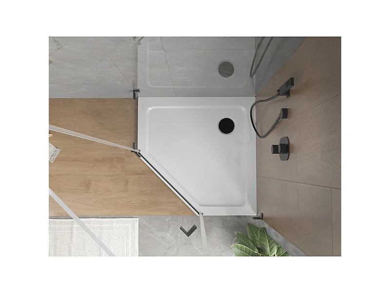 Mexen Flat Pentagonale Duschwanne Slim 100 x 100 cm, Weiß, schwarzer Siphon - 41P101010-B