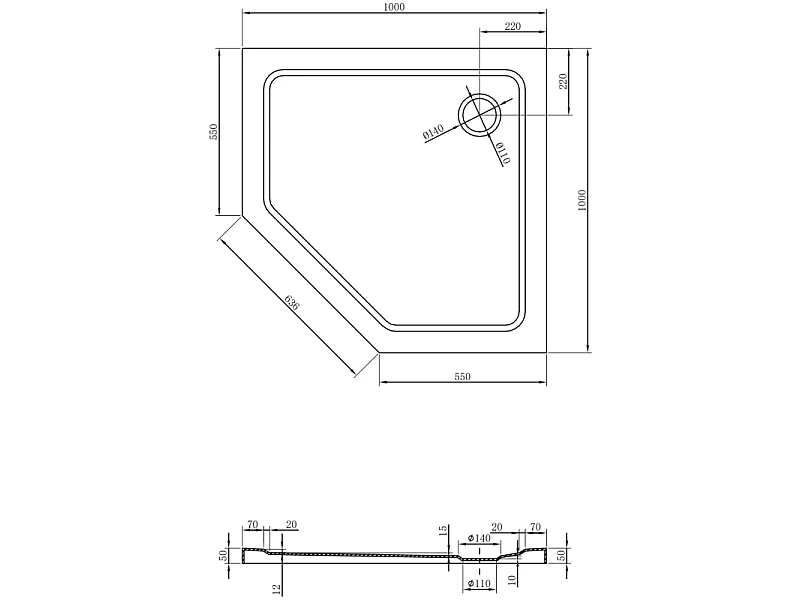 Mexen Flat Pentagonale Duschwanne Slim 100 x 100 cm, Weiß, schwarzer Siphon - 41P101010-B