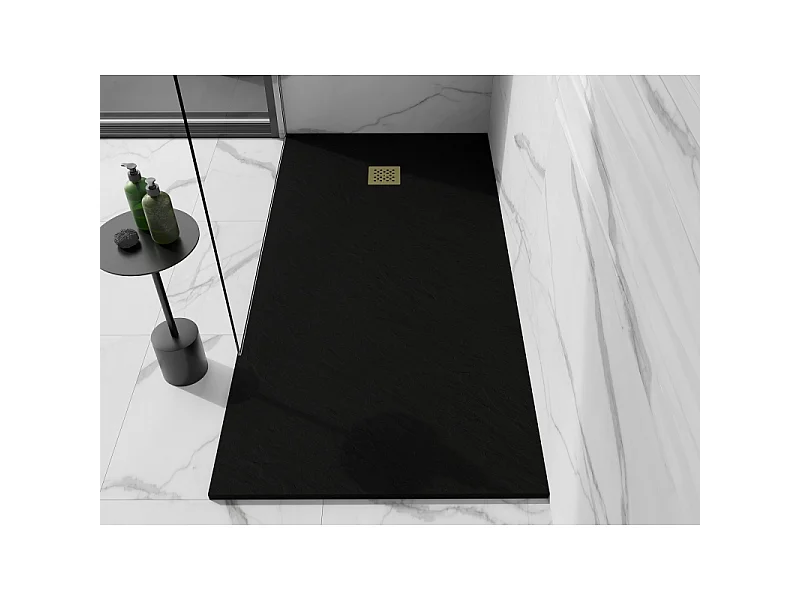 Mexen Stone+ rectangular composite shower tray 160 x 70 cm, black, gold cover - 44707016-G