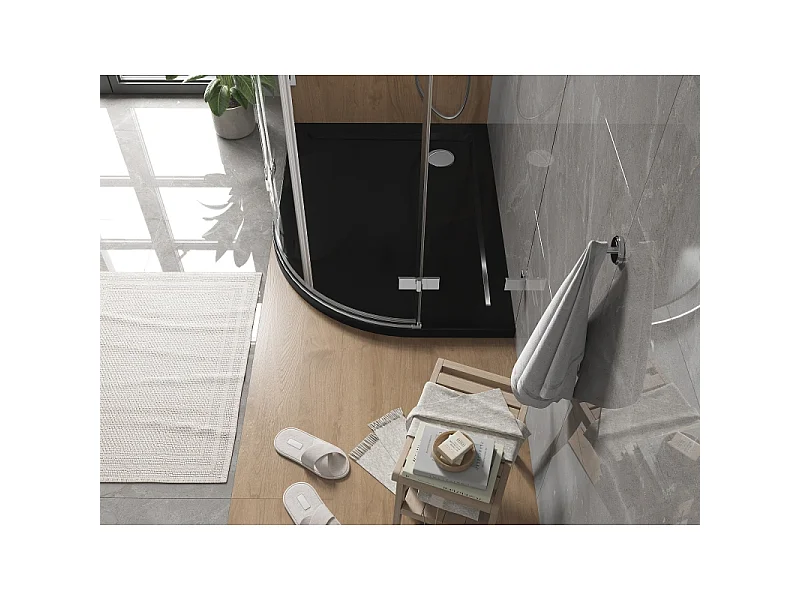 Mexen Flat schwarze halbrunde Slim-Duschwanne links 100 x 80 cm, Siphon chrom - 41708010L