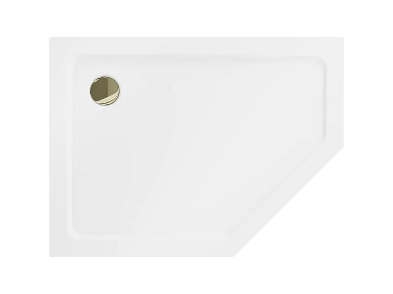 Mexen Flat vijhoekige slanke douchebak links 90 x 80 cm, wit, gouden sifon - 41P108090L-G