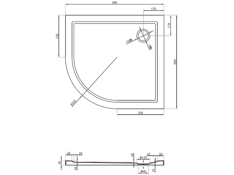 Mexen Flow semicircular asymmetric slim right 90 x 80 cm, white gloss - 46Q108090R