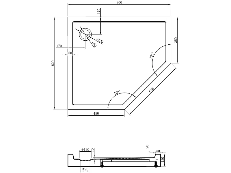 Mexen Flow+ Fünfeck-Duschwanne links 90 x 80 cm, weiß glänzend - 46P108090LH