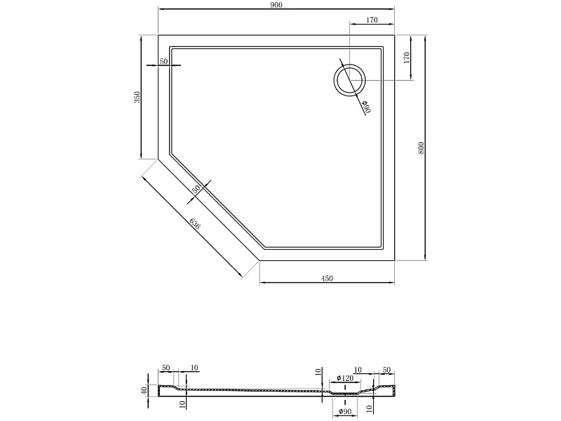 Mexen Flow Fünfeck-Duschwanne Slim rechts 90 x 80 cm, Weiß glänzend - 46P108090R