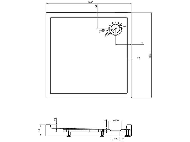 Mexen Flow+ kvadratisk brusekar 100 x 100 cm, hvid glans - 46S101010H