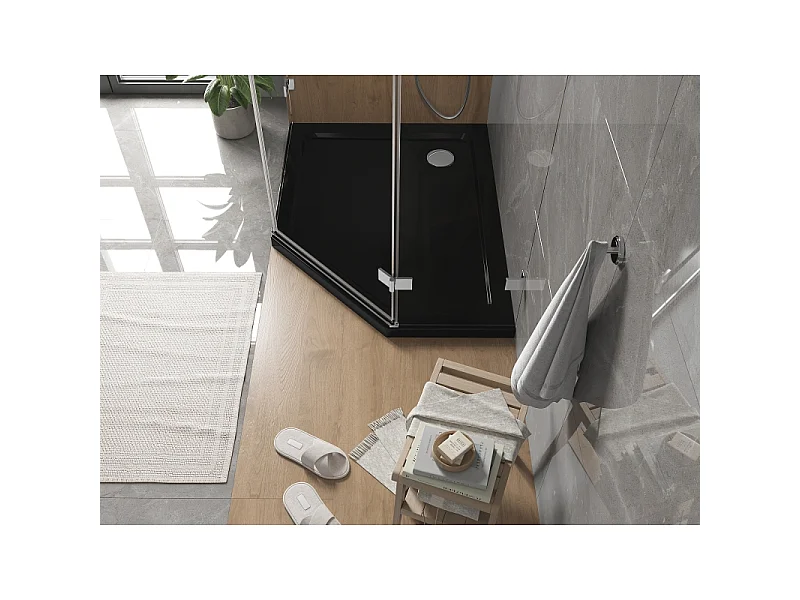 Mexen Flat bac de douche pentagonal slim gauche 90 x 80 cm, noir, siphon chromé - 41P708090L