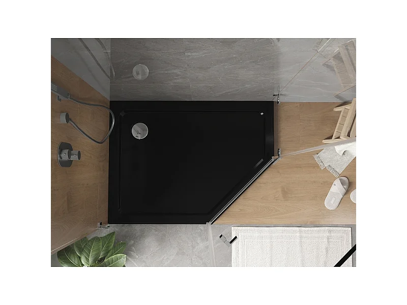 Mexen Flat bac de douche pentagonal slim gauche 90 x 80 cm, noir, siphon chromé - 41P708090L