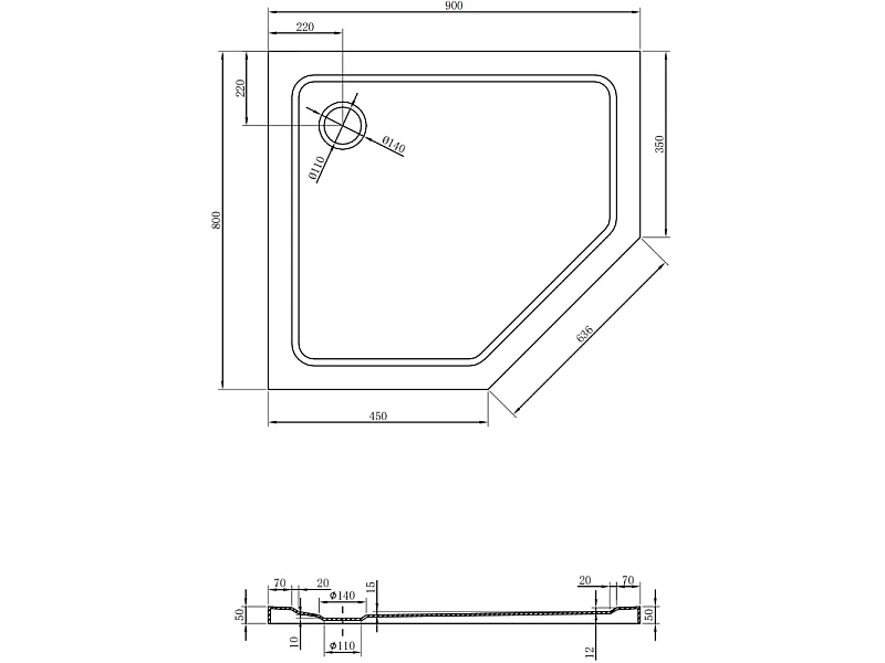 Mexen Flat bac de douche pentagonal slim gauche 90 x 80 cm, noir, siphon chromé - 41P708090L