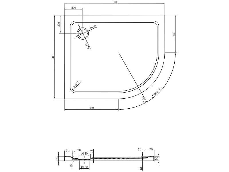 Mexen Flat Slim-Duschwanne Halbkreis links 100 x 90 cm, weiß, Chrom-Siphon - 41109010L