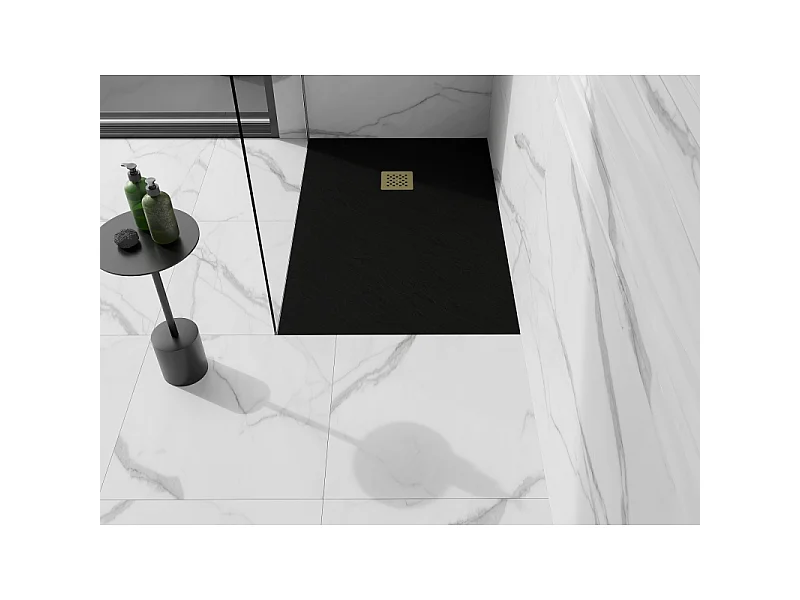 Mexen Stone+ plato de ducha rectangular de composite 140 x 80 cm, negro, cubierta dorada - 44708014-G