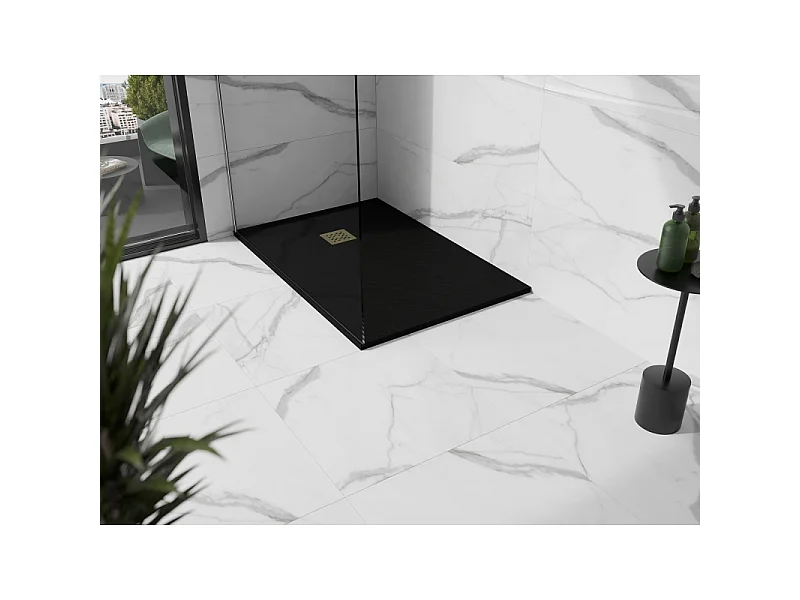 Mexen Stone+ plato de ducha rectangular de composite 140 x 80 cm, negro, cubierta dorada - 44708014-G