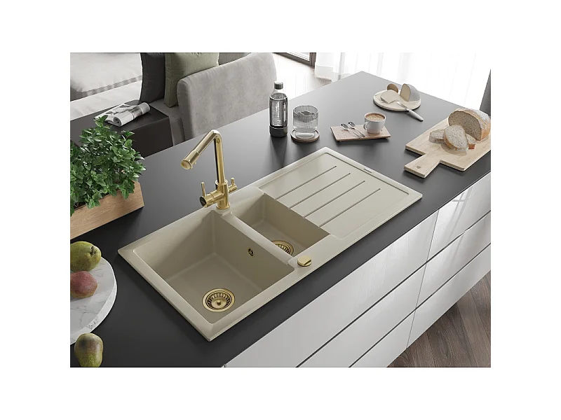 Mexen Andres granitvask 1,5-kammer med afdrypningsbakke og køkkenarmatur Duero, beige - 6515-69-671600-50