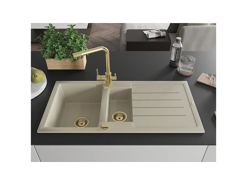 Mexen Andres granitvask 1,5-kammer med afdrypningsbakke og køkkenarmatur Duero, beige - 6515-69-671600-50