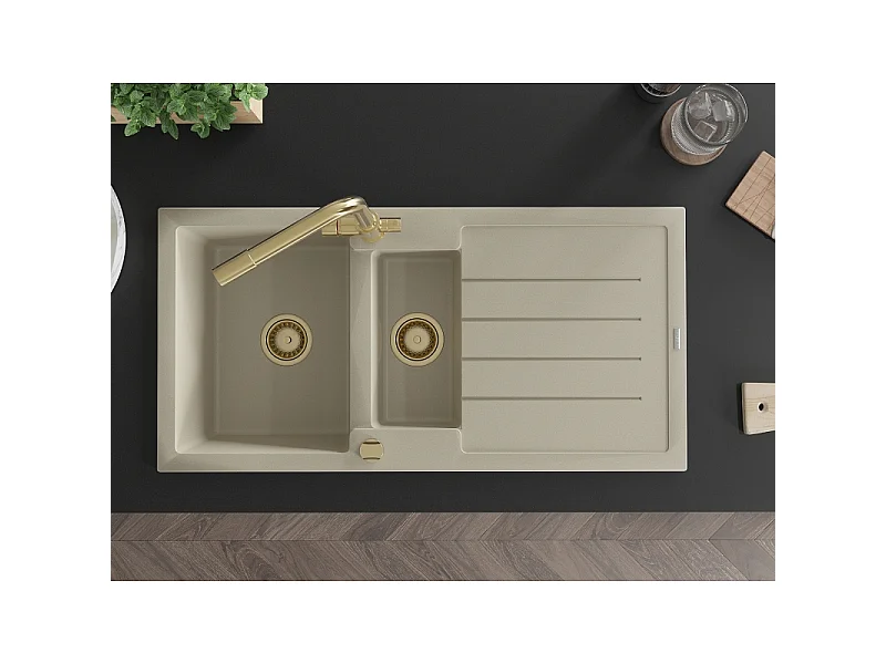 Mexen Andres granitvask 1,5-kammer med afdrypningsbakke og køkkenarmatur Duero, beige - 6515-69-671600-50