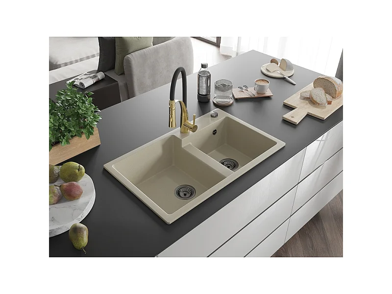 Mexen Tomas fregadero de granito de 2 compartimentos con grifo de cocina Aster, beige - 6516-69-73450-57-B
