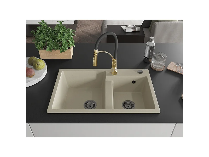 Mexen Tomas fregadero de granito de 2 compartimentos con grifo de cocina Aster, beige - 6516-69-73450-57-B