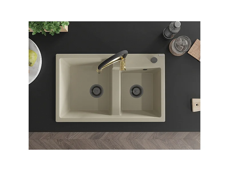 Mexen Tomas fregadero de granito de 2 compartimentos con grifo de cocina Aster, beige - 6516-69-73450-57-B