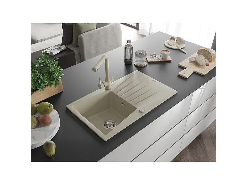 Mexen Cesar granite kitchen sink 1-bowl with drainer and Duero kitchen tap, beige - 6514-69-671600-69