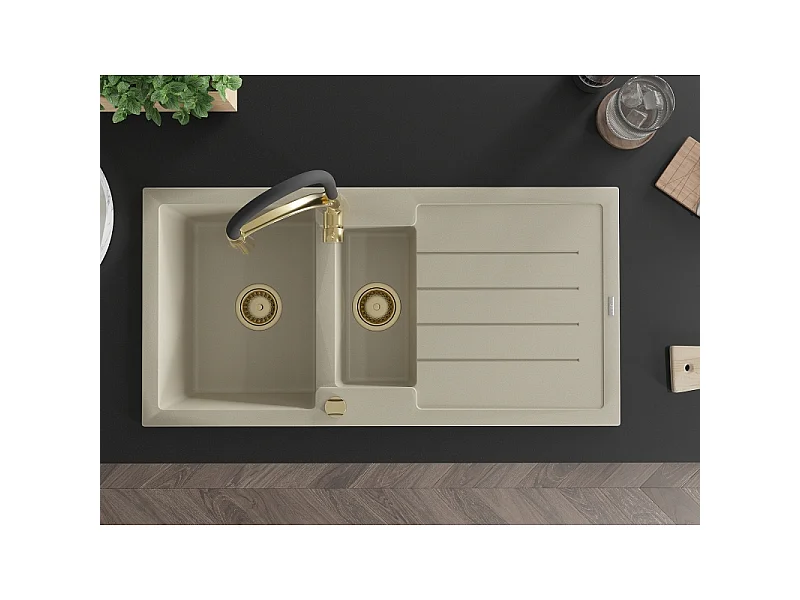 Mexen Andres Granitspüle 1,5-fach mit Abtropffläche und Küchenarmatur Aster, beige - 6515-69-73450-57-G