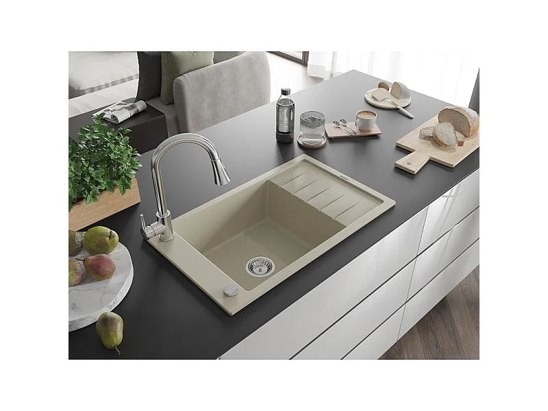 Mexen Elias fregadero de granito de 1 tazón con escurridor y grifo de cocina Elia, beige - 6511-69-670101-00
