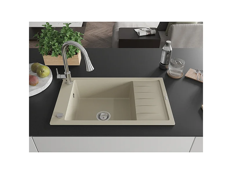 Mexen Elias fregadero de granito de 1 tazón con escurridor y grifo de cocina Elia, beige - 6511-69-670101-00