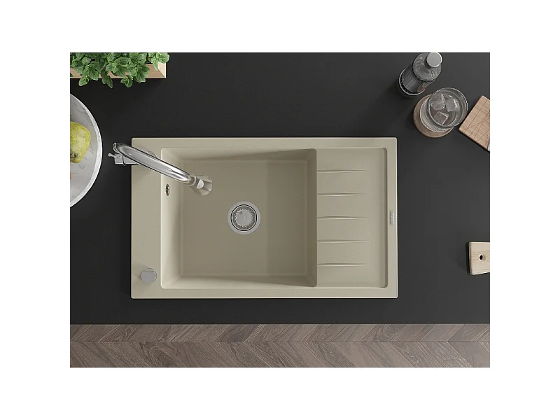 Mexen Elias fregadero de granito de 1 tazón con escurridor y grifo de cocina Elia, beige - 6511-69-670101-00