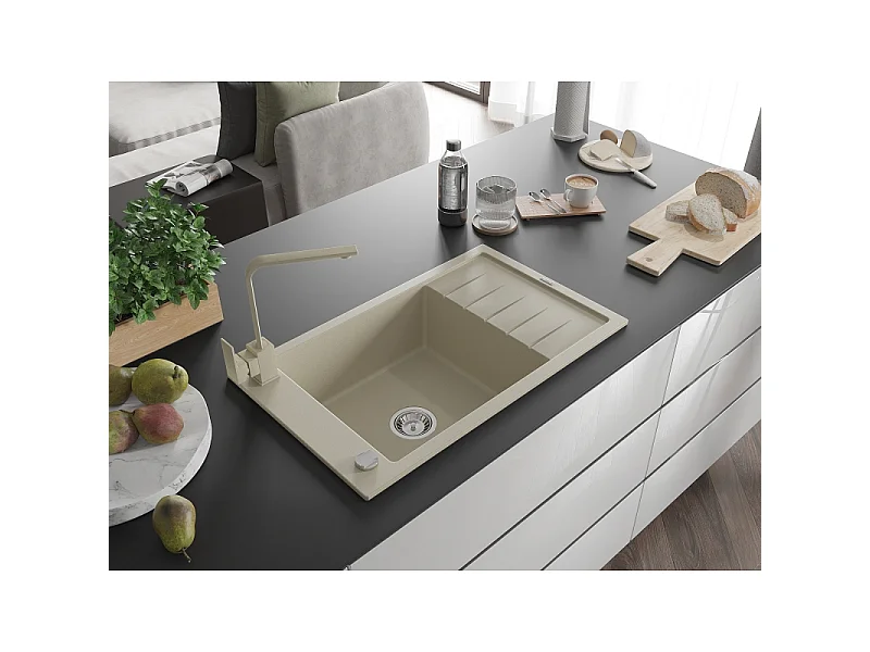 Mexen Elias granitische spoelbak met 1 kamer, uitlekbak en Rita keukenkranen, beige - 6511-69-670300-69