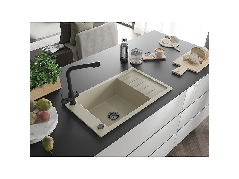Mexen Elias fregadero de granito de 1 seno con escurridor y grifo de cocina Duero, beige - 6511-69-671600-70