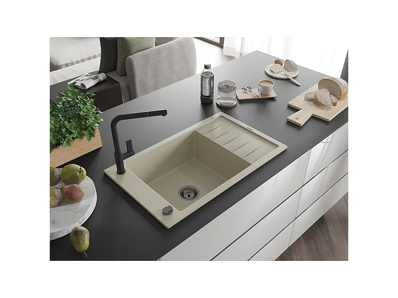 Mexen Elias lava-louça de granito de 1 cubas com escorredor e torneira de cozinha Flora, bege - 6511-69-670401-70-B