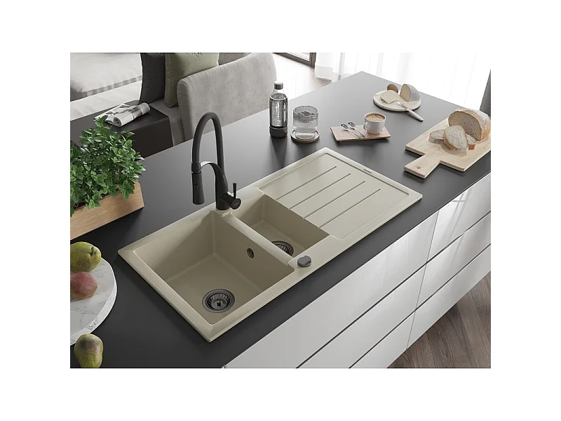 Mexen Andres évier en granit 1,5 bac avec égouttoir et robinet de cuisine Aster, beige - 6515-69-73450-70-B