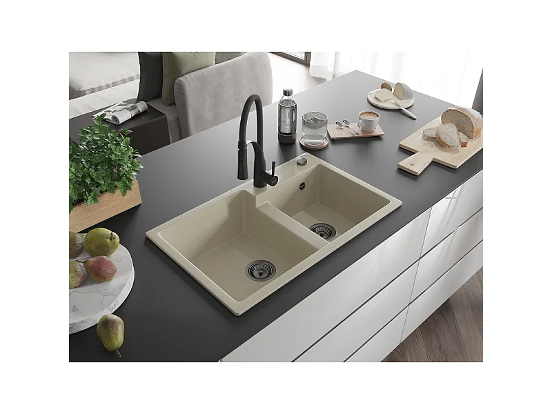 Mexen Tomas fregadero de granito de 2 compartimentos con grifo de cocina Aster, beige - 6516-69-73450-70-B