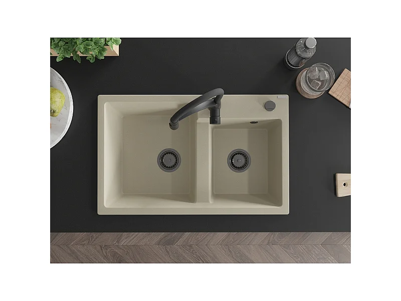 Mexen Tomas fregadero de granito de 2 compartimentos con grifo de cocina Aster, beige - 6516-69-73450-70-B