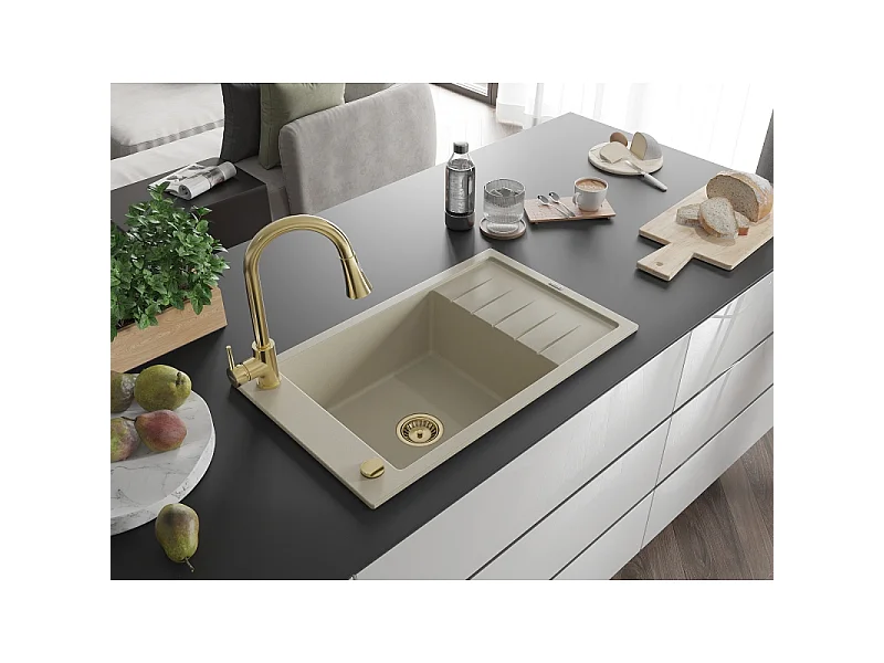 Mexen Elias fregadero de granito de 1 compartimento con escurridor y grifo de cocina Elia, beige - 6511-69-670101-50