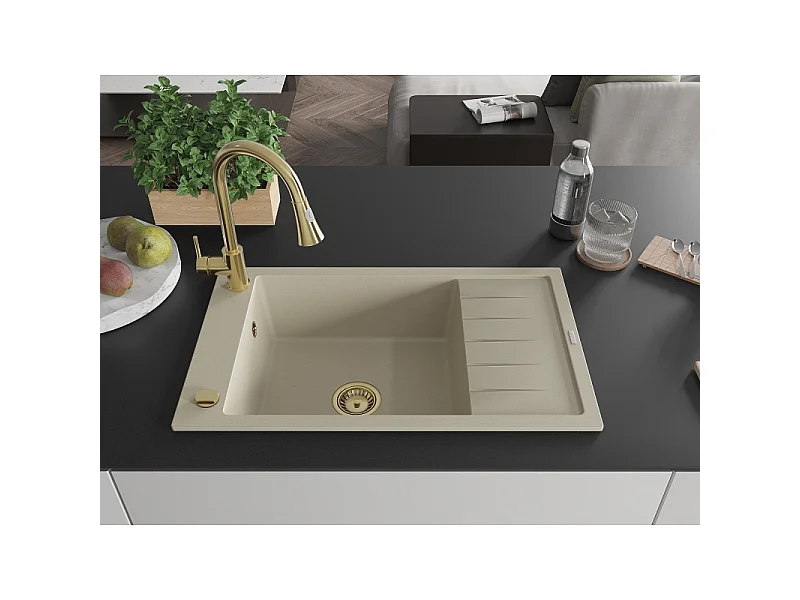 Mexen Elias fregadero de granito de 1 compartimento con escurridor y grifo de cocina Elia, beige - 6511-69-670101-50