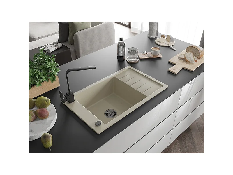 Mexen Elias granitische gootsteen 1-komor met afdruiprek en keukenkraan Rita, beige - 6511-69-670300-70