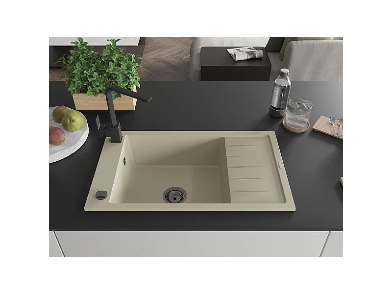 Mexen Elias granitische gootsteen 1-komor met afdruiprek en keukenkraan Rita, beige - 6511-69-670300-70