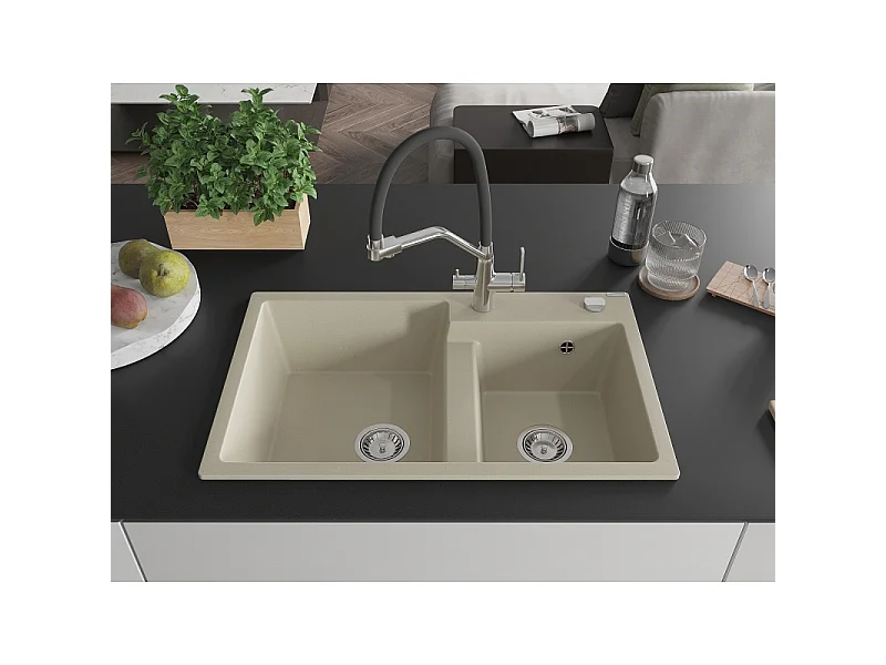 Mexen Tomas fregadero de granito de 2 compartimentos con grifo de cocina Duo, beige - 6516-69-671701-07
