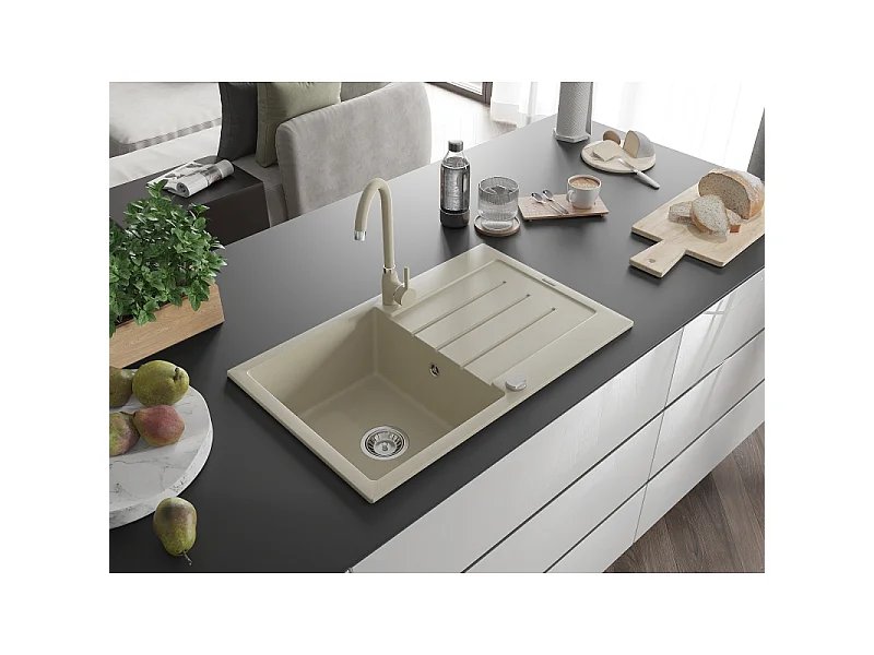 Mexen Bruno lavello in granito a 1 vasca con scolapiatti e rubinetto da cucina Telma, beige - 6513-69-670200-69